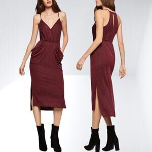 BCBGENERATION Draped Rib Knit Faux Wrap Midi Dress Spaghetti Strap Red